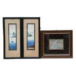 A pair of Japanese watercolour paintings depicting lake scenes, signed lower right, framed & glazed,