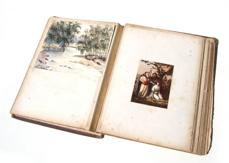 A Victorian scrap album containing various watercolours of subjects to include landscapes, botanical - Image 3 of 6