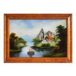 Dutch school - River Scene with a Figure Fishing in a Boat - reverse painting on glass in a maple