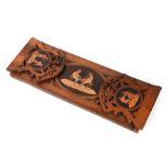 An Italian inlaid olive wood Sorrento ware book slide, 39cms wide.