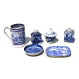 A quantity of blue & white ceramics to include Wedgwood Willow pattern coffee cans; and two tea