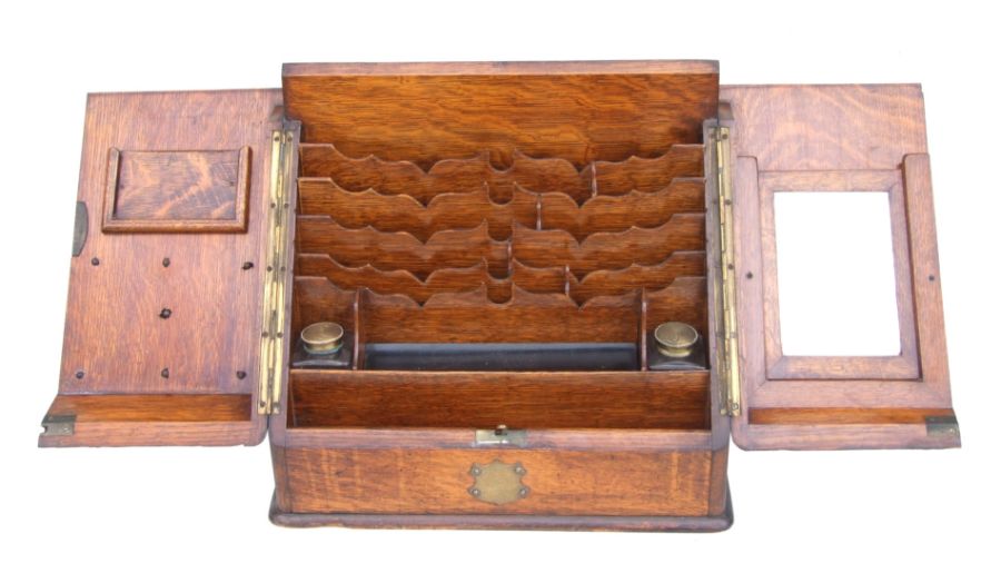 A Victorian brass mounted oak stationery box with hinged sloped front enclosing a fitted interior - Image 2 of 2