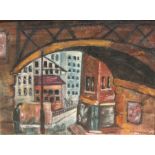 M D Wares (modern British) - Industrial Street Scene Looking Through the Arch of a Bridge - oil on