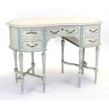 A Louis XVI style painted kidney shaped ladies writhing desk with an arrangement of five drawers,