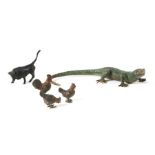 A group of Austrian cold painted bronze animals to include a lizard, a bull and three chickens,