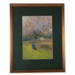A Post Impressionist style landscape scene depicting a young girl picking flowers below a blossoming