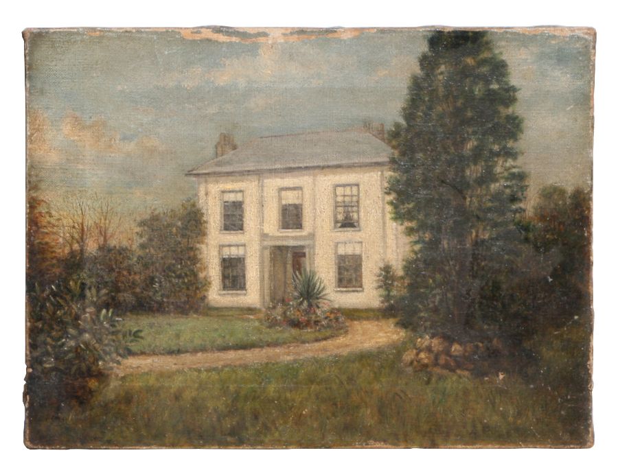 Late Victorian naïve school - A Garden Scene with a Country House - oil on canvas, unframed, 30 by
