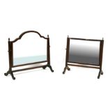Two mahogany framed toilet mirrors; together with a walnut framed triptych dressing table mirror.(