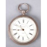An open faced centre seconds chronograph pocket watch, the white enamel dial with Roman numerals,