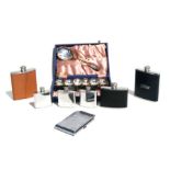 A collection of hip flasks; a Colibri combined cigarette and lighter case, and other metalwares.