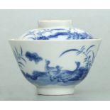 A Chinese blue & white cup and cover decorated with geese, six character blue mark to the underside,