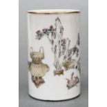 A Chinese famille rose Bitong or brush pot decorated with vases and flowers with calligraphy,