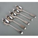 A group of George III and later silver serving spoons, three with London hallmarks, two with Exeter,