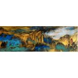 A Chinese Splash ink and watercolour scroll painting on paper, depicting a panoramic mountainous