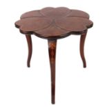 An Art Nouveau inlaid mahogany plant stand, the top in the form of three hearts, on cabriole legs,