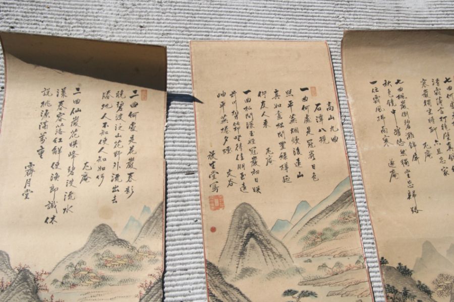 A group of Chinese scroll paintings to include landscape scenes and calligraphy, each 31 by 93cms ( - Image 3 of 4