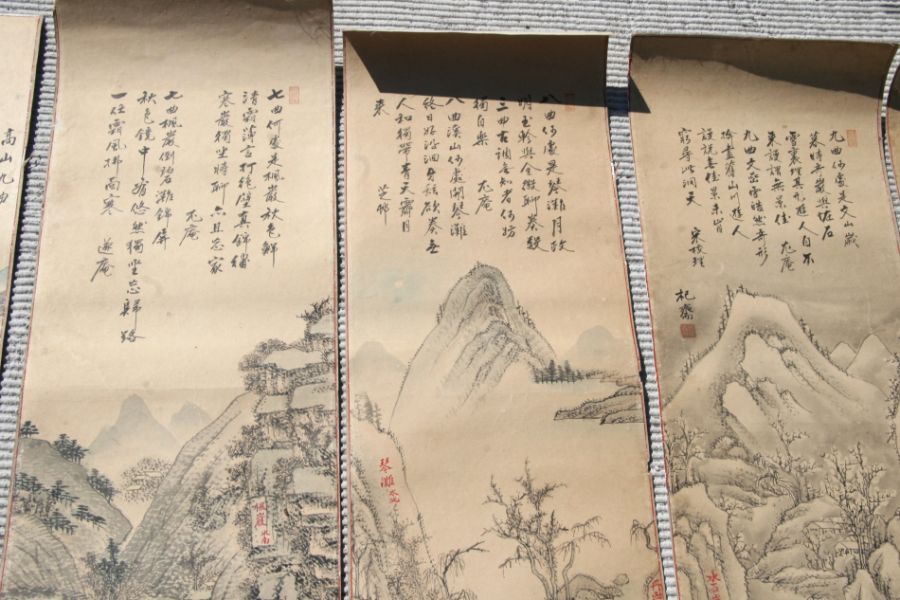 A group of Chinese scroll paintings to include landscape scenes and calligraphy, each 31 by 93cms ( - Image 4 of 4