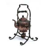 A Christopher Dresser design style copper spirit kettle on stand, 37cms high.