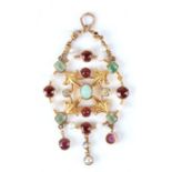An Edwardian 9ct gold gem set pendant with central oval opal cabochon, 5cms high, 4.7g.
