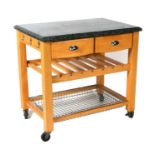 A modern pine kitchen island with green granite top above two frieze drawers, a wine rack and a