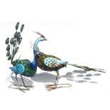 Two painted metal garden peacocks, the largest 73cms long (2).