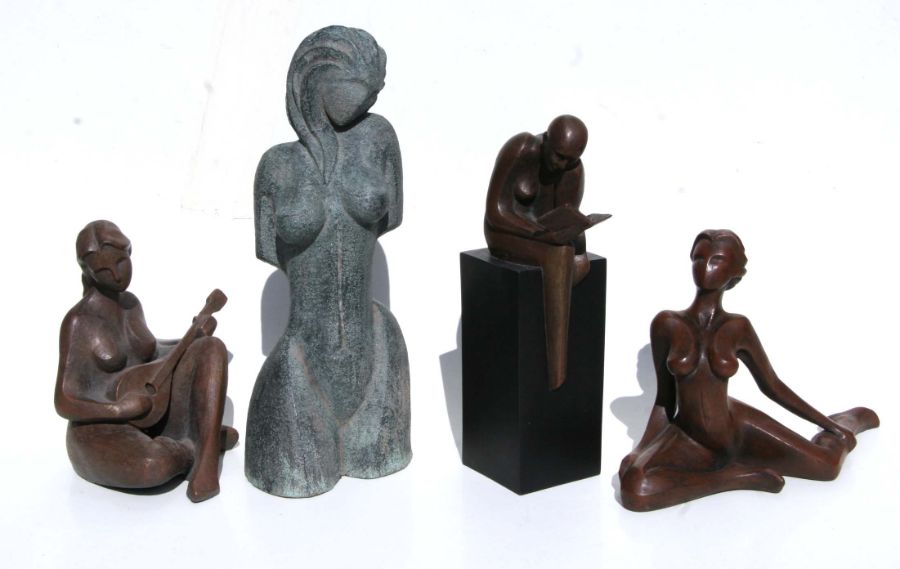 A group of bronzed resin, resin and plaster figures, mainly depicting nudes, the largest 5cms