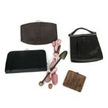 A group of ladies vintage handbags; together with a lizard skin purse and two pairs of vintage