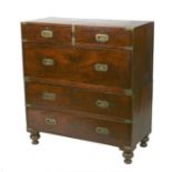 A 19th century teak Campaign chest with two short and three long drawers, on turned feet, 98.5cms