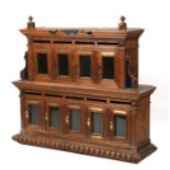 A French oak and walnut two-tier office / hotel pigeon hole letterbox with nine glazed