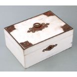 A metal mounted white painted sewing box with fitted interior, 25cms wide.