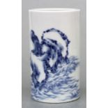 A Chinese blue & white Bitong or brush pot decorated with a falcon seated on a rocky outcrop, blue