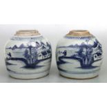 Two Chinese blue & white ginger jars decorated with river landscapes, the largest 16cms high (2).