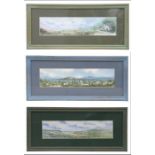 R E Jones (20th century) - three panoramic landscape scenes, all signed lower right, watercolours,