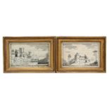 A pair of 19th century needlework panels depicting buildings in a landscape with G Gadbury labels to