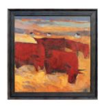 Continental school - Red Bulls in a Field - initialled lower right, oil on board, framed, 68 by