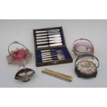 A set of six silver plated fish knives and forks, cased; together with a silver plated waiter;