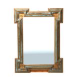 A distressed painted and gilded wall mirror, overall 67 by 90cms.Condition ReportThe blue painted