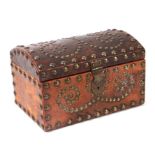 A dome topped brass studded leather casket, 23cms wide.