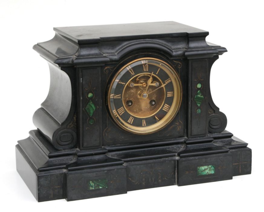 A Victorian black slate mantle clock with inlaid malachite decoration, fitted with an 8-day movement