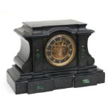 A Victorian black slate mantle clock with inlaid malachite decoration, fitted with an 8-day movement