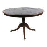 A 19th century style mahogany snap-top library table with inset leather top, on turned column and