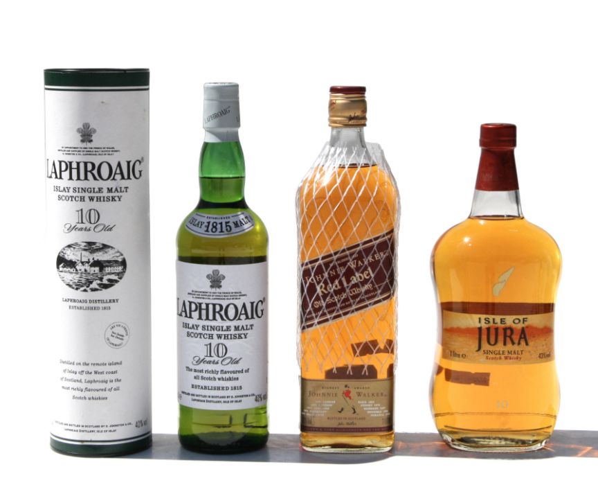 Three bottles of Whisky comprising Laphroaig 10-year old malt; Isle of Jura single malt and