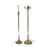 A three branch brass standard lamp together with another brass standard lamp. (2)