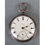 A Victorian silver cased open faced pocket watch, the white enamel dial with Roman numerals and