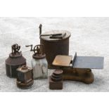 A large set of GPO postal scales; together wit two butter churns; and other items.