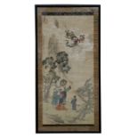 A 19th century Chinese scroll painting depicting figures in a landscape scene, watercolour, framed &