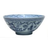 A Chinese blue & white footed bowl decorated with figures in a landscape, 26cms diameter.