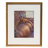 Carole Bellamy - Portrait of an Afro-Caribbean Lady with a Large Olive Jar - pastel, signed lower