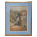 19th century continental school - Figures by a Chateau - initialled 'TMR' lower left, watercolour,