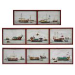 A group of Chinese watercolour paintings on rice paper depicting boats, each 34 by 22cms, framed